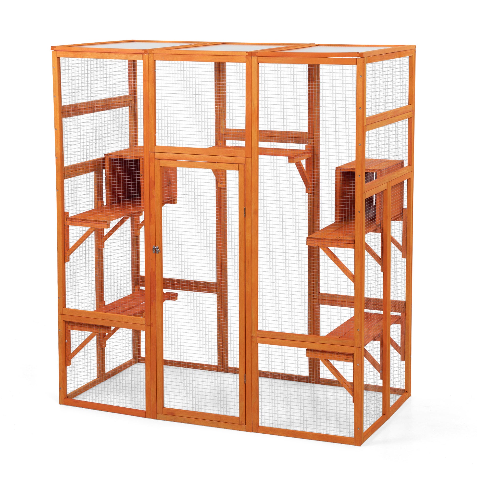 Large Cat Enclosure With 5 Perches, 2 Condos And 1 Lockable Door, Orange Orange Metal & Wood