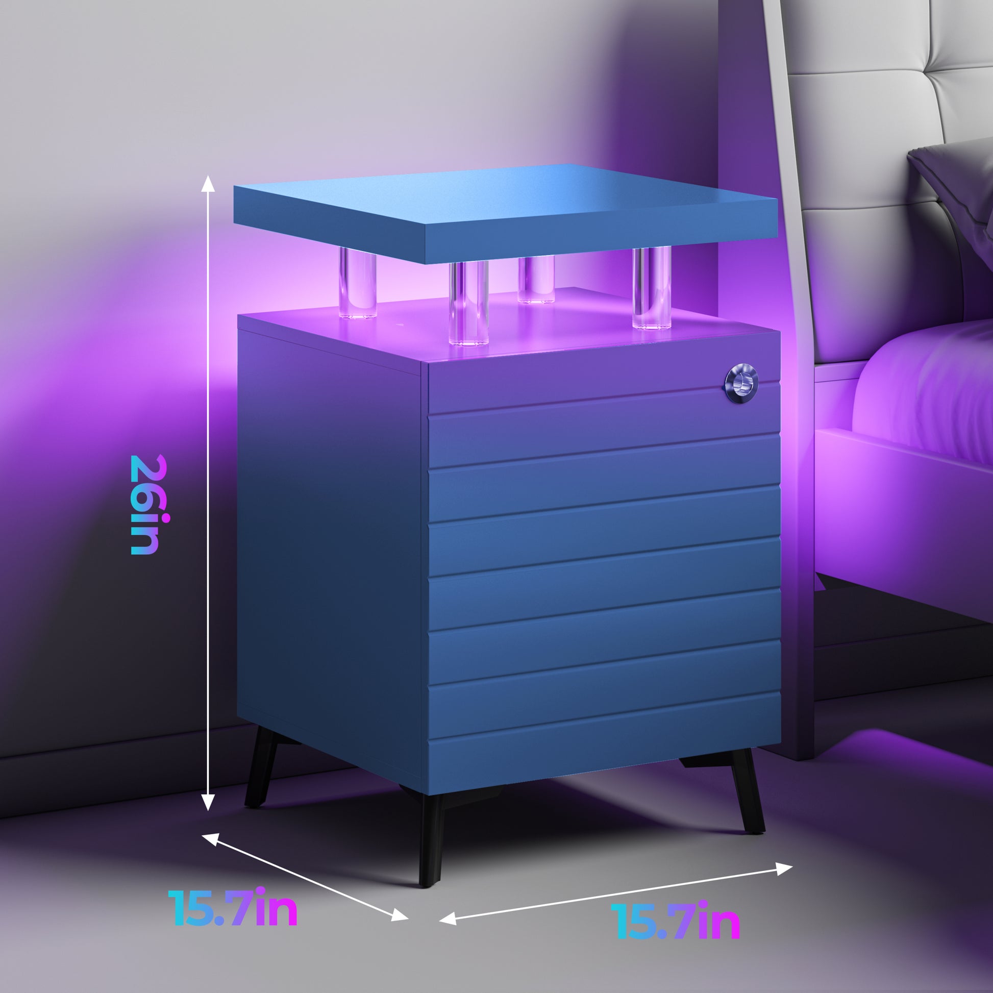 Led Nightstand Led Bedside Table End Tables Living Room With 4 Acrylic Columns, Bedside Table With Drawers For Bedroom Blue Blue Bedroom With Legs American Design,American Traditional,Casual,Classic,Modern Oak Storage Natural Acrylic Engineered Wood