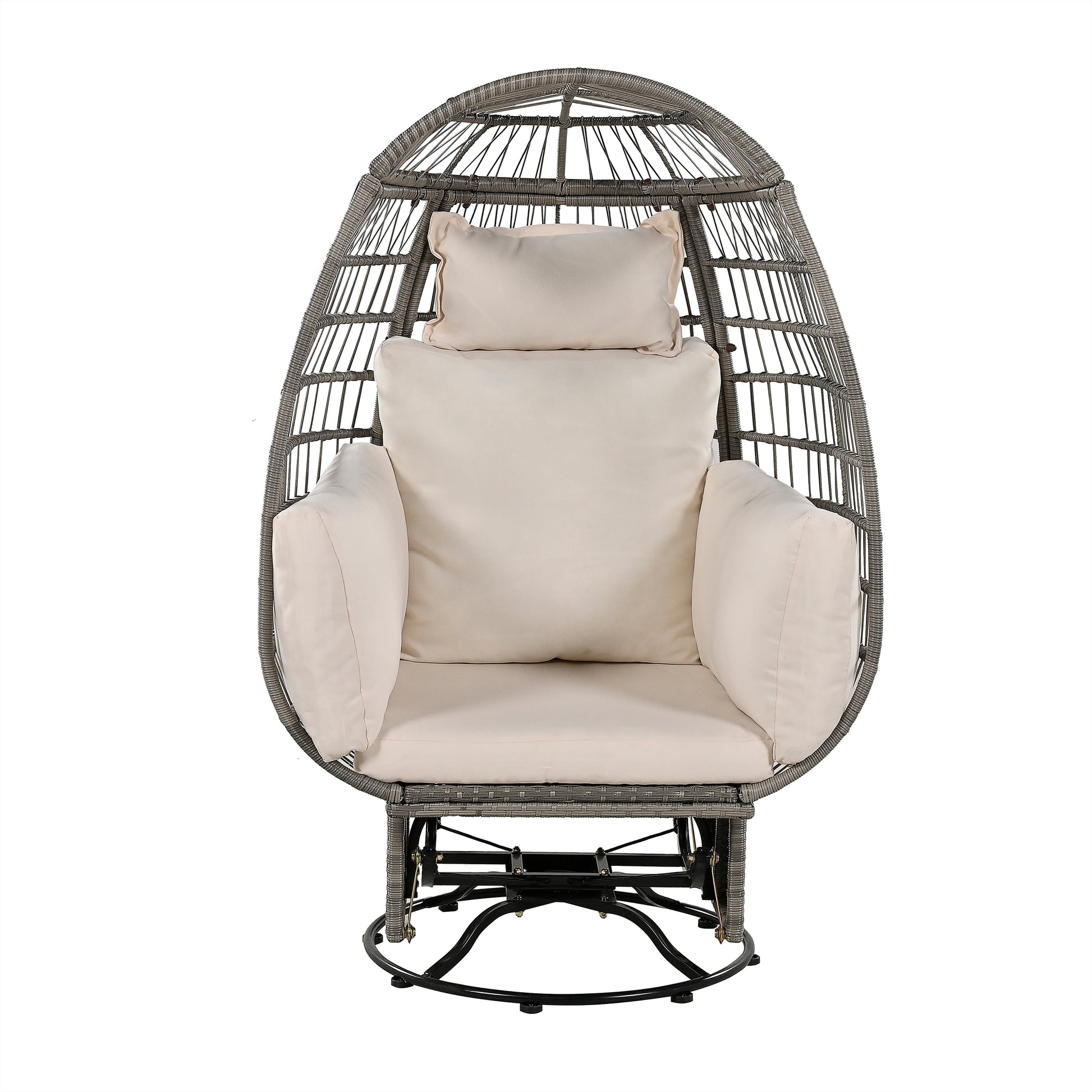 Outdoor Swivel Chair With Cushions, Rattan Egg Patio Chair With Rocking Function For Balcony, Poolside And Garden Grey Wicker Beige Cushion Beige Grey Wicker