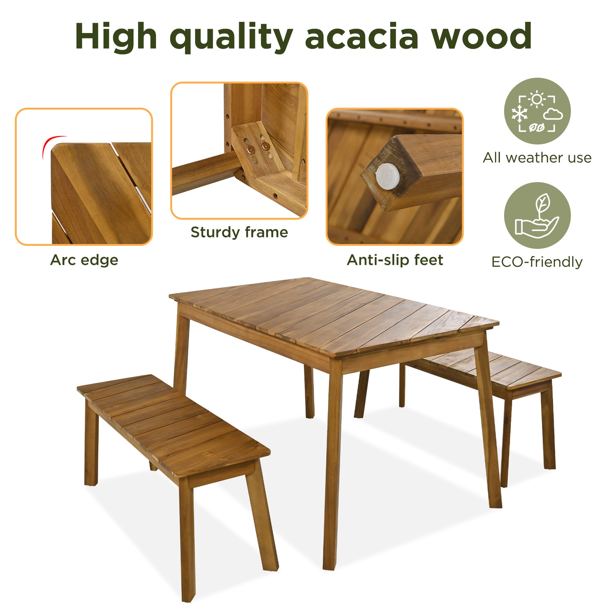 3 Pieces Acacia Wood Table Bench Dining Set For Outdoor & Indoor Furniture With 2 Benches, Picnic Beer Table For Patio, Porch, Garden, Poolside, Natural No Dining Set Acacia Wood Garden & Outdoor Art Deco,Artsy,Vintage Wood Acacia Wood