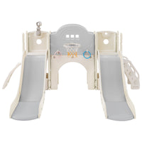 Kids Slide Playset Structure 7 In 1, Freestanding Space Set With Slide, Arch Tunnel, Ring Toss And Basketball Hoop,Double Slides For Toddlers, Kids Climbers Playground Grey White Hdpe