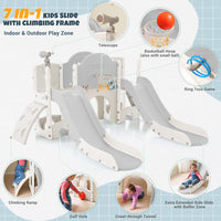 Kids Slide Playset Structure 7 In 1, Freestanding Space Set With Slide, Arch Tunnel, Ring Toss And Basketball Hoop,Double Slides For Toddlers, Kids Climbers Playground Grey White Hdpe