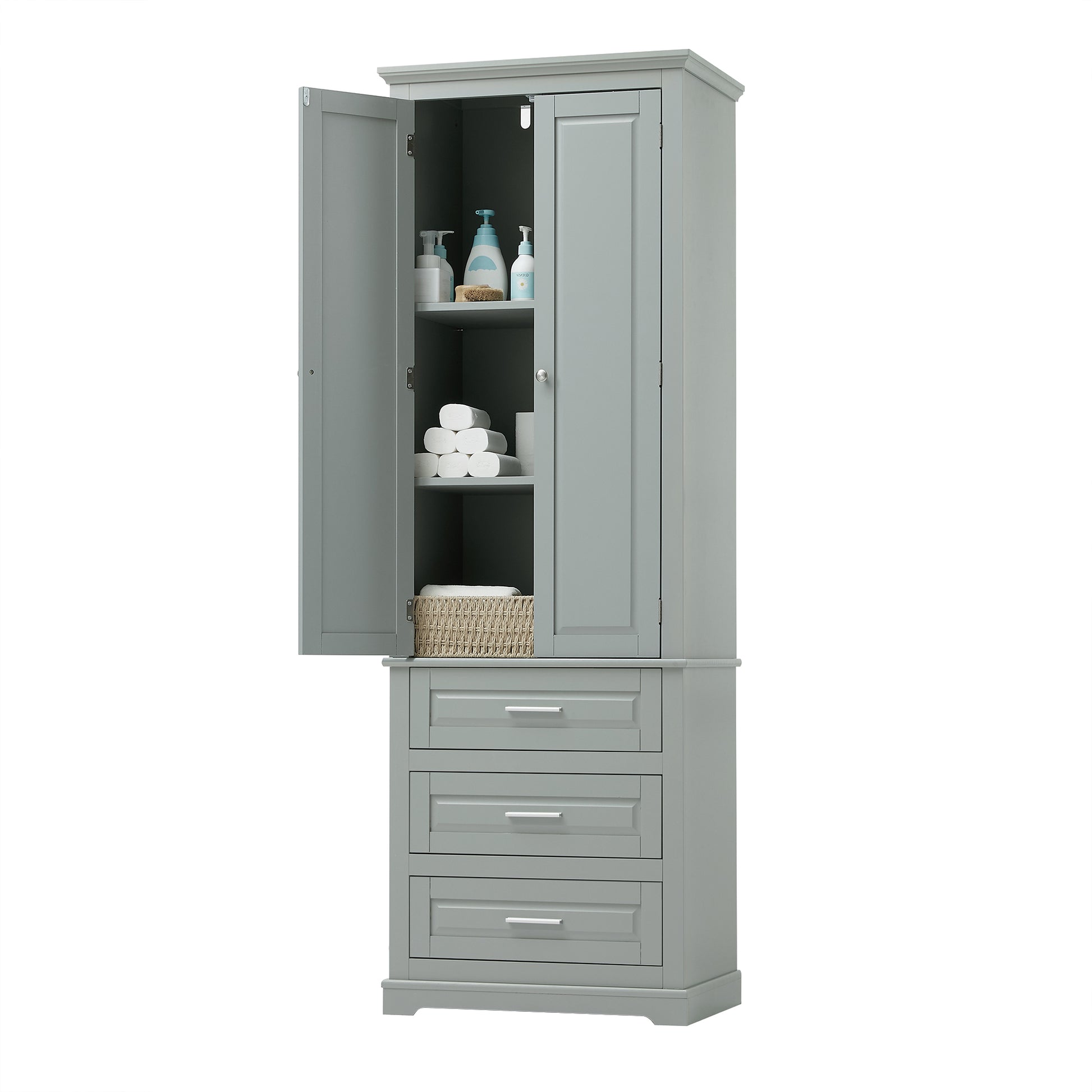 Tall Storage Cabinet With Three Drawers For Bathroom Office, Grey Grey Mdf