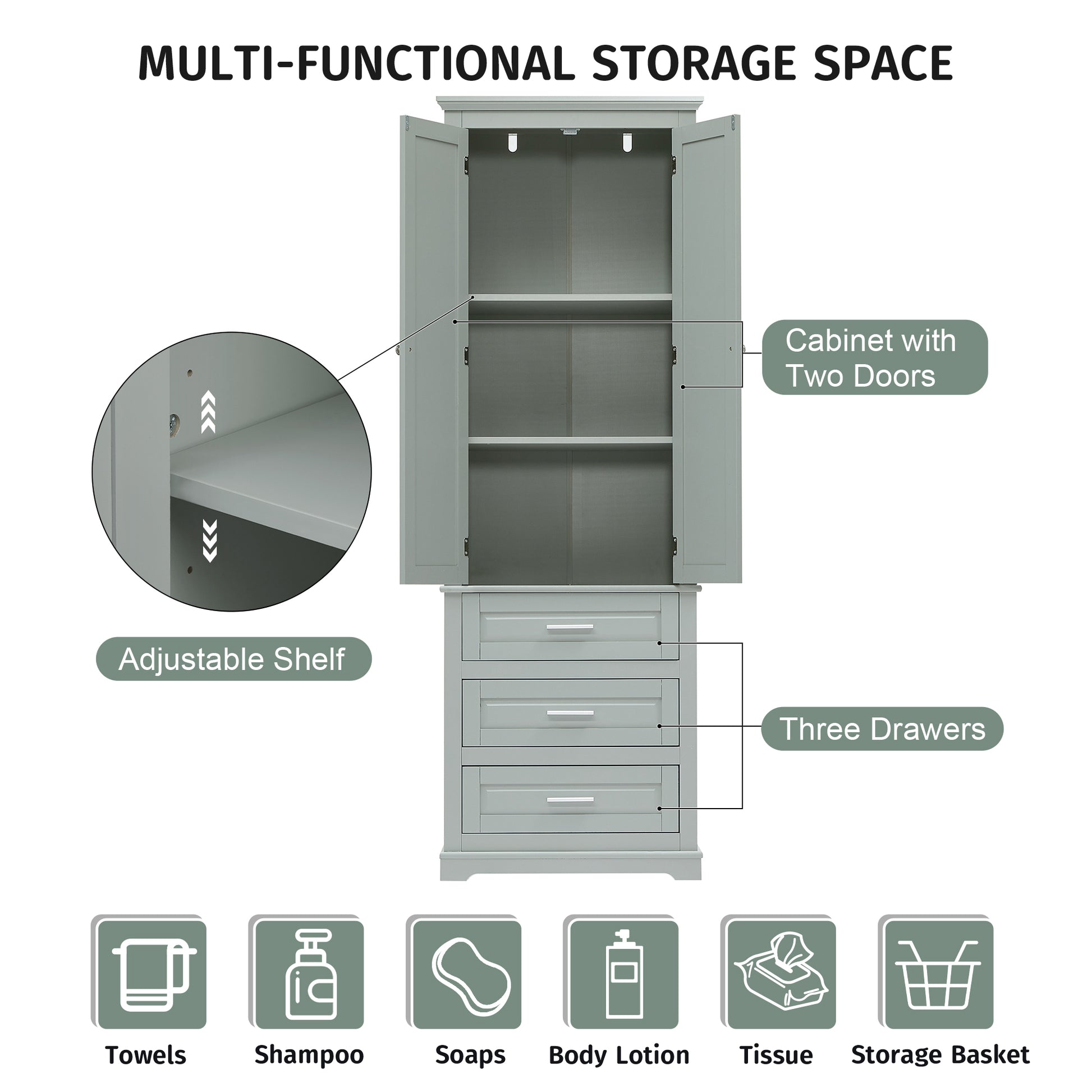 Tall Storage Cabinet With Three Drawers For Bathroom Office, Grey Grey Mdf