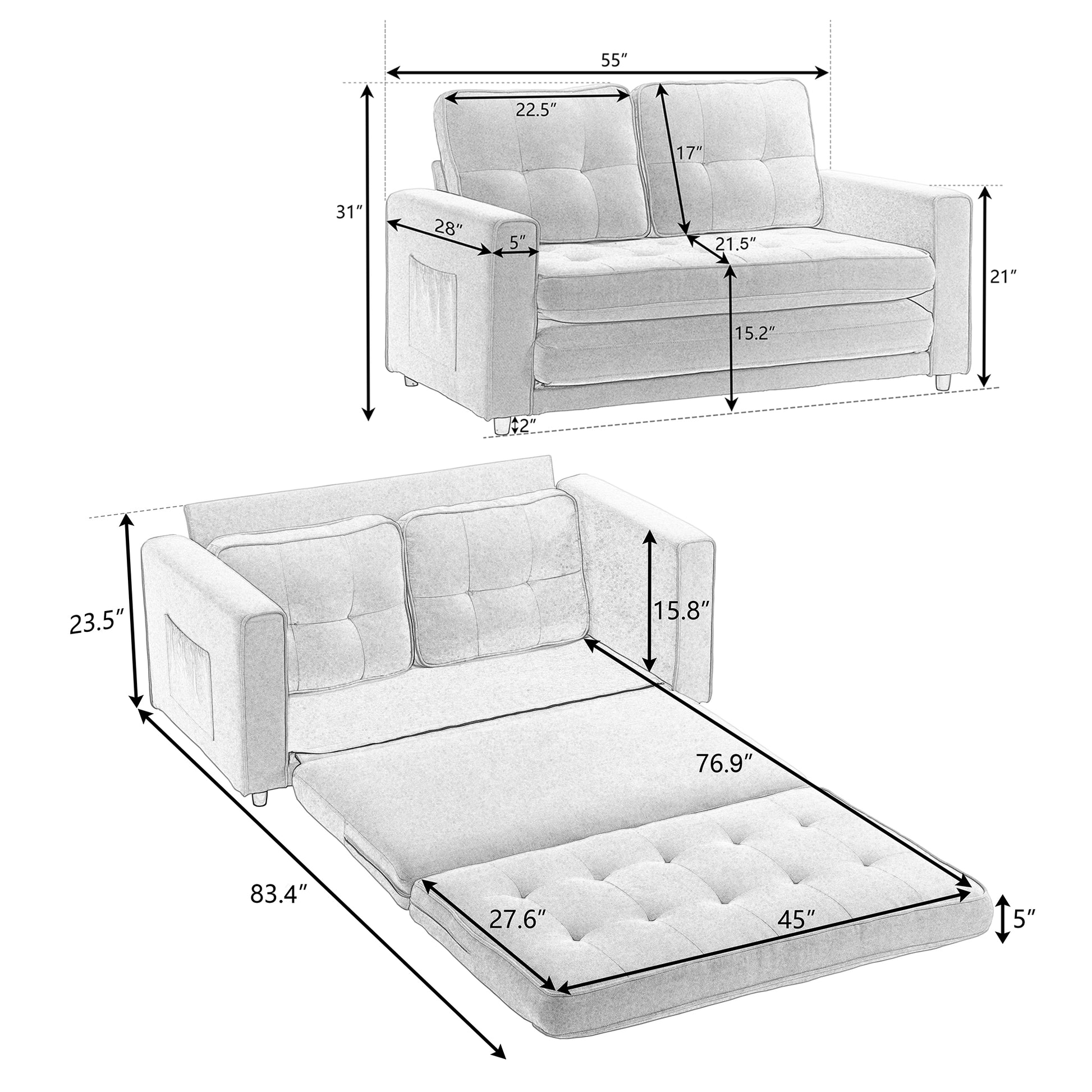 Beige Folding Sofa Bed With Two Storage Pockets, Linen Convertible Foldable Couch Bed, Loveseat Sleeper Sofa, Sofa Bed Couch, Couches For Living Room, Apartment Beige Fabric 2 Seat