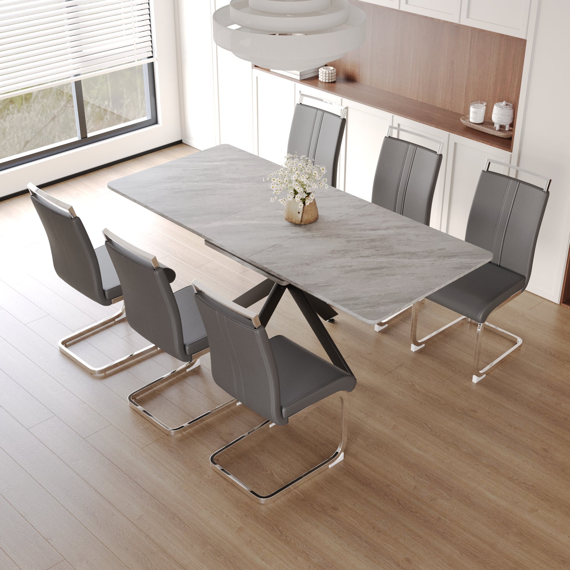 62.4" Extendable 78.15" Dining Table Set For 6 8 Person For Dining Room,C Shaped Tube Soft Padded Armless Dining Chair And Very Large Dining Room Table Kitchen Table Chair Set With Metal Legs Grey