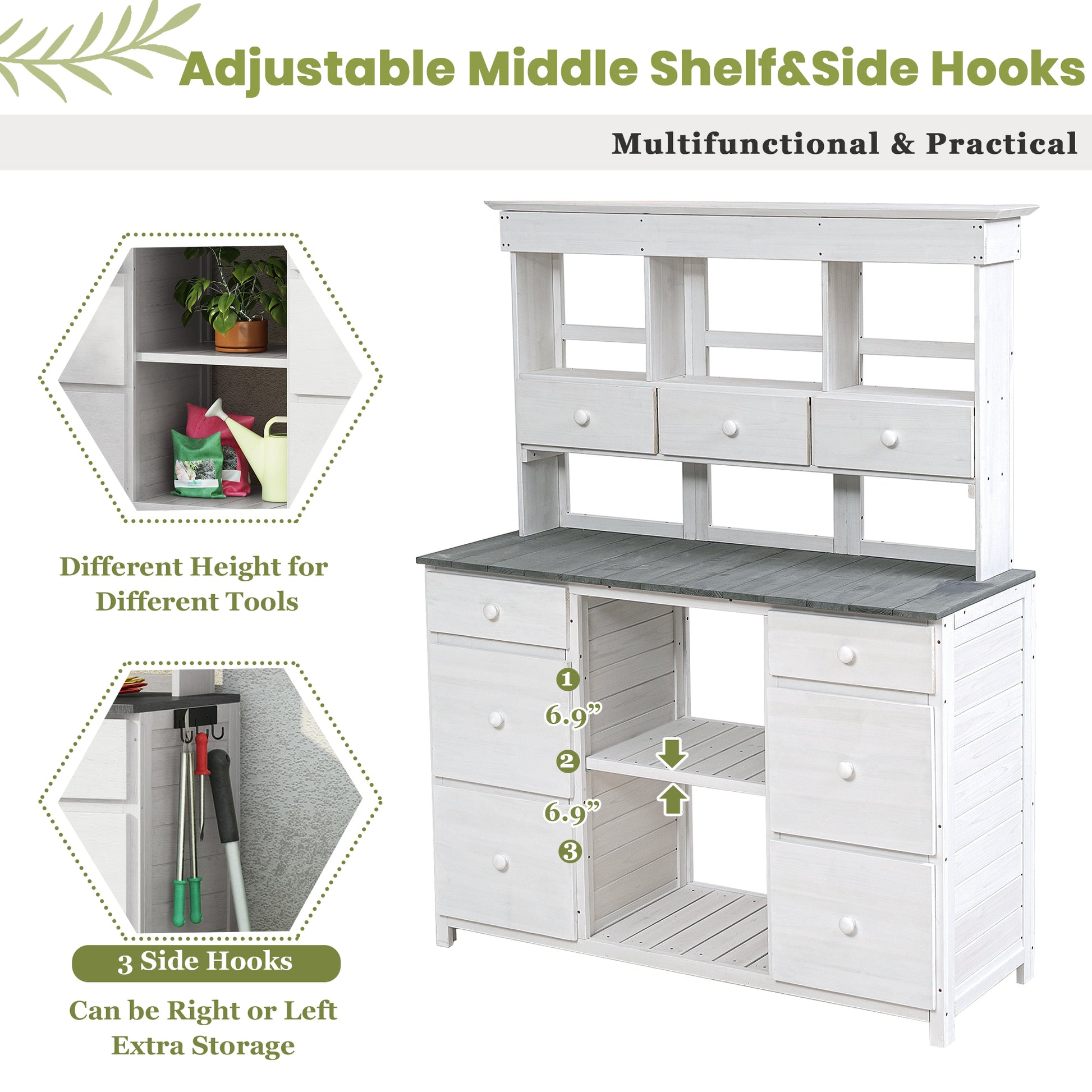 Garden Potting Bench Table, Rustic And Sleek Design With Multiple Drawers And Shelves For Storage, White And Gray White Gray Garden & Outdoor Rustic Wood