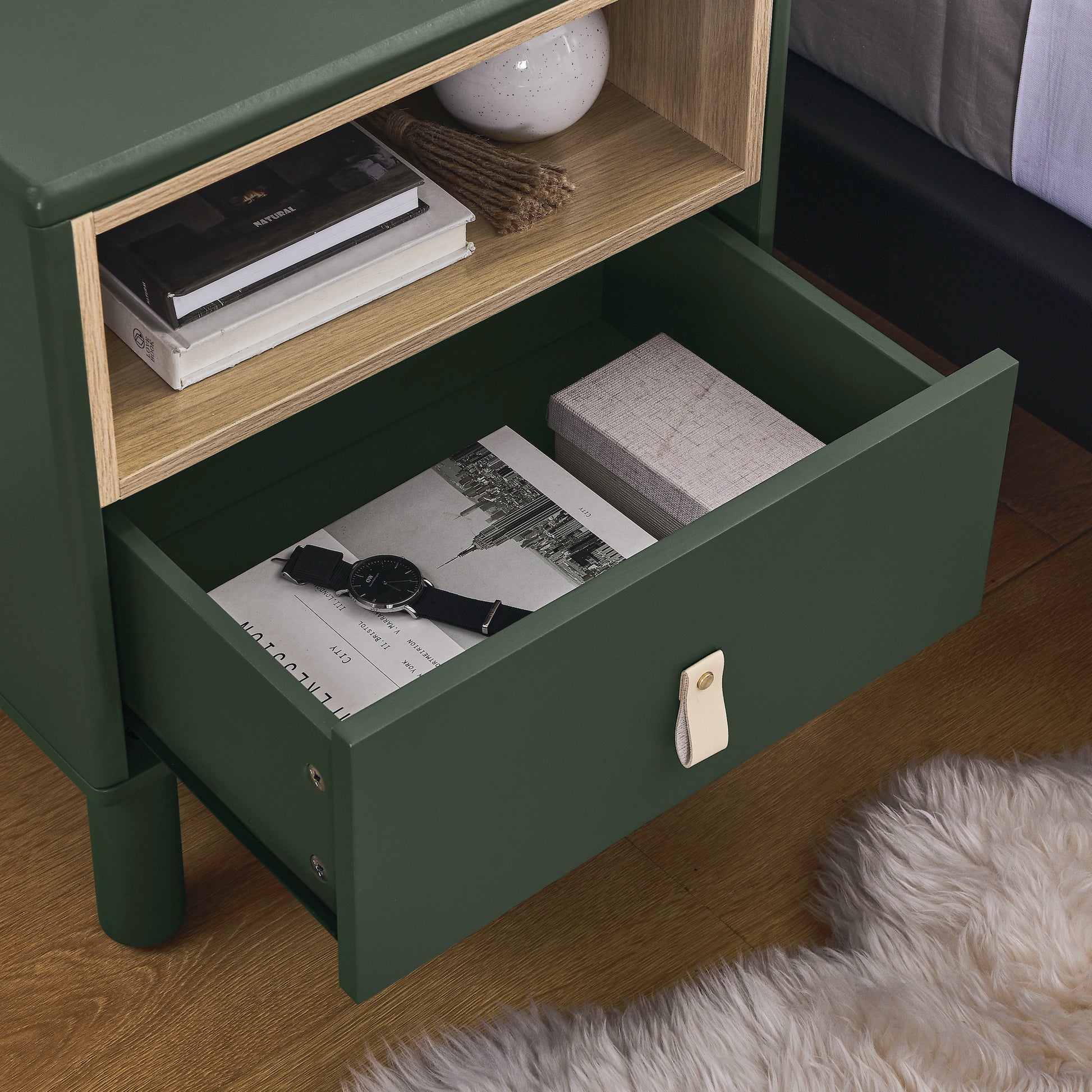 Single Drawer Bedside Table, Modern Style Bedside Table, Wooden Bedside Table, Bedside Table With Drawer, Side Table With Drawer, Compact Bedside Table, Nordic Style Bedside Table Green Solid Wood