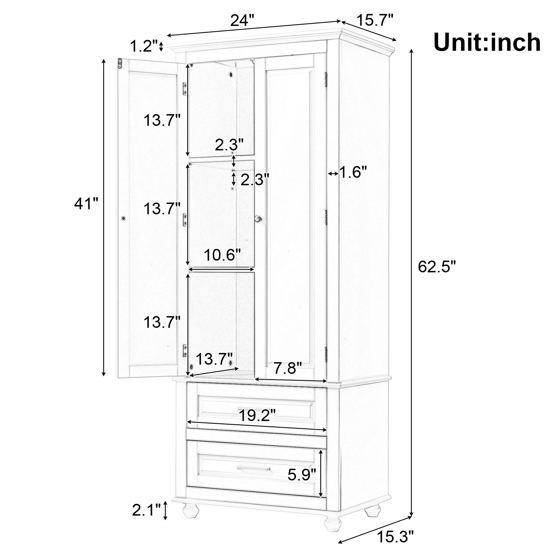 Tall Storage Cabinet With Two Drawers For Bathroom Office, Black Black Mdf