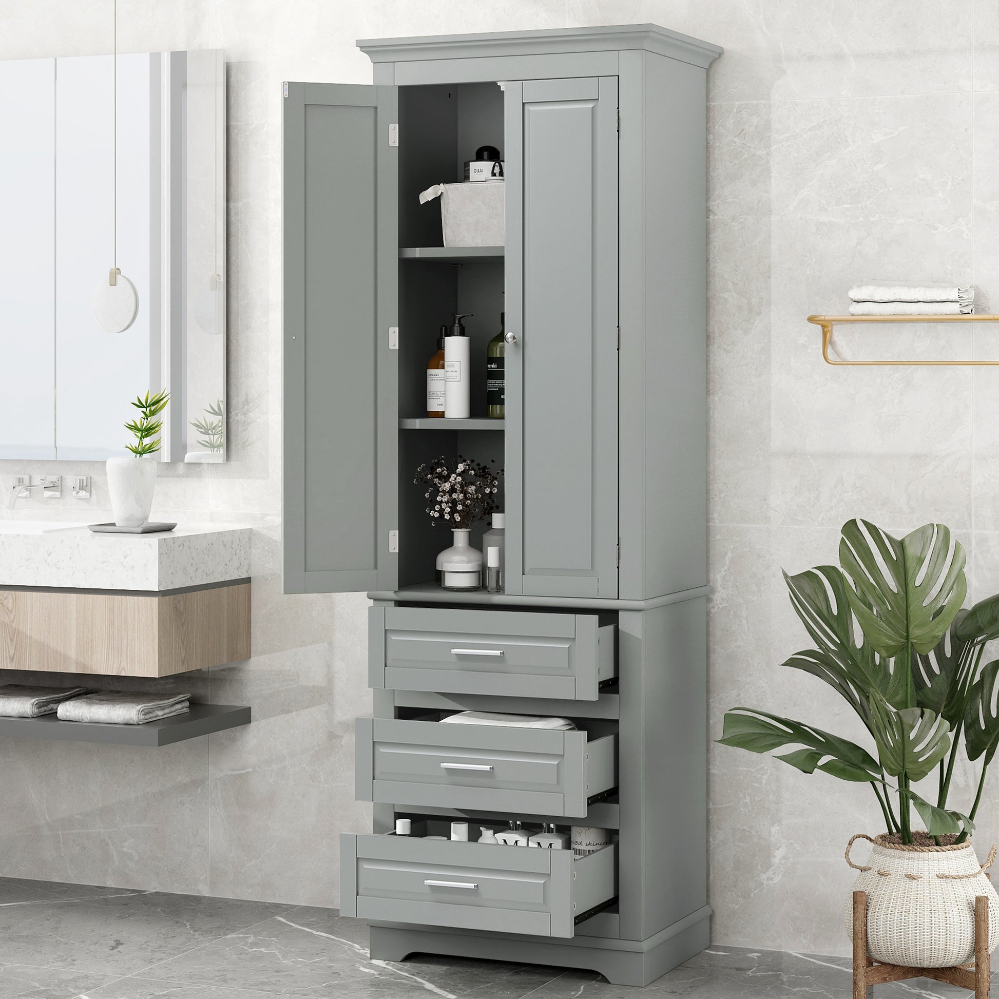 Tall Storage Cabinet With Three Drawers For Bathroom Office, Grey Grey Mdf