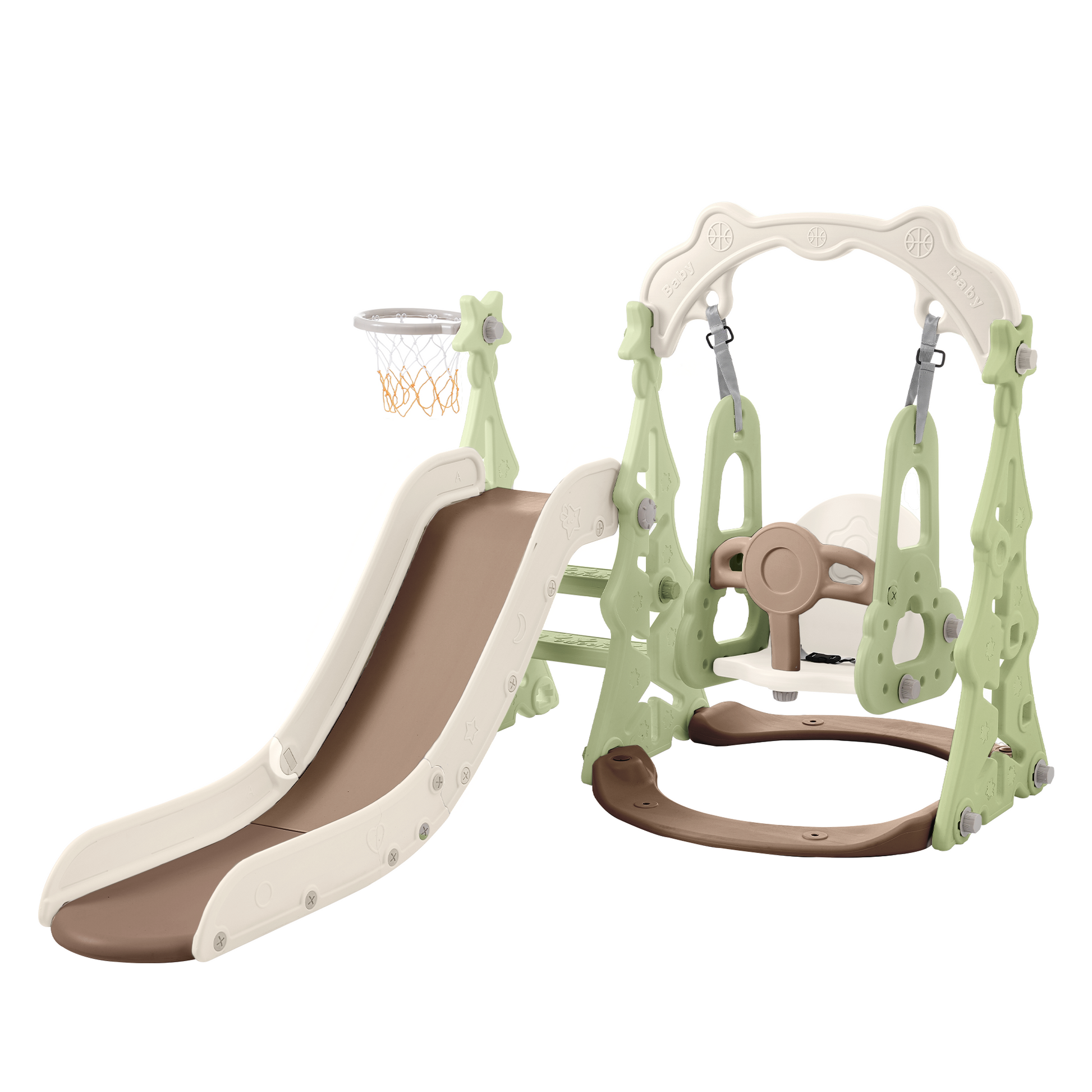 Toddler Slide And Swing Set 3 In 1, Kids Playground Climber Swing Playset With Basketball Hoops Freestanding Combination Indoor & Outdoor Green Hdpe