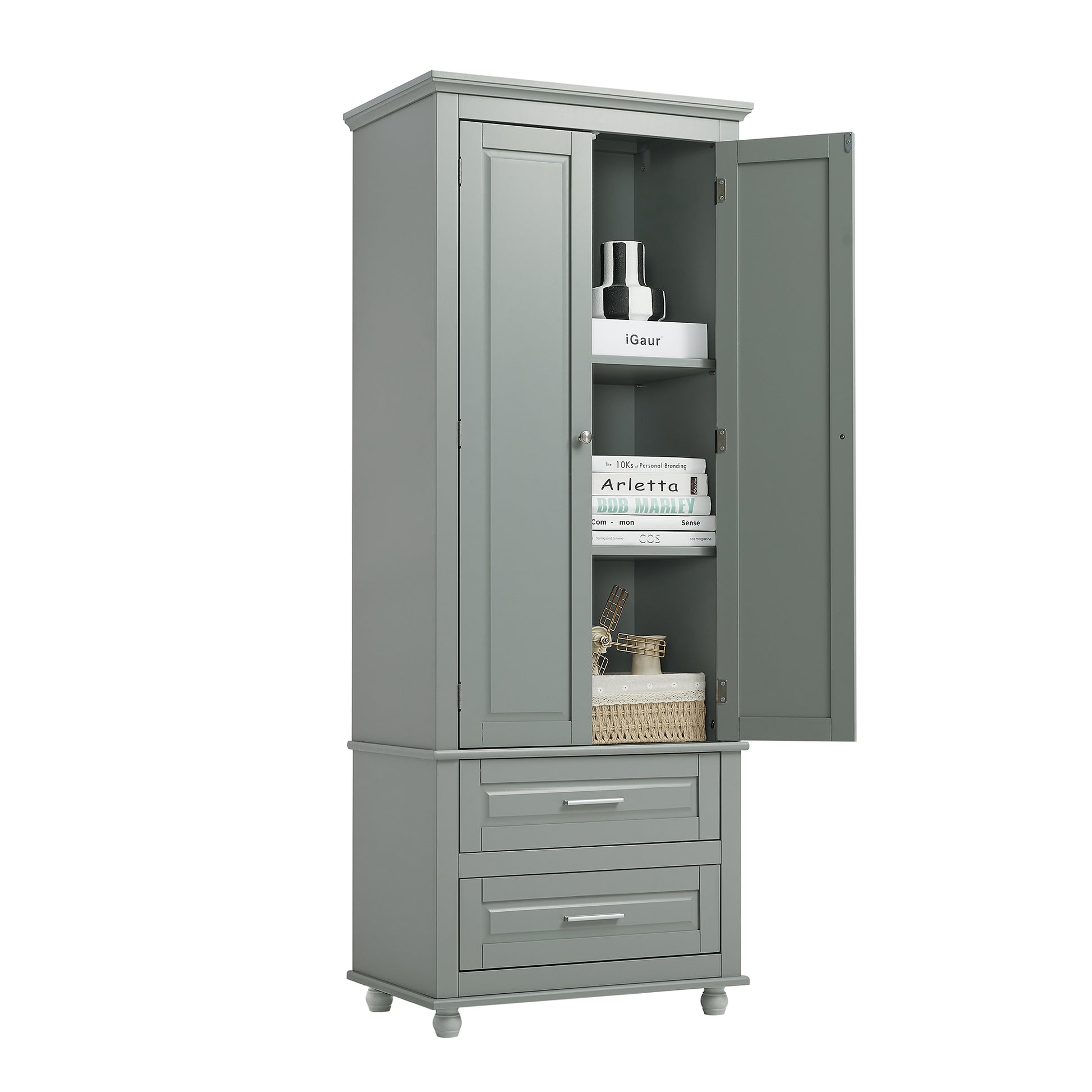 Tall Storage Cabinet With Two Drawers For Bathroom Office, Grey Grey Mdf