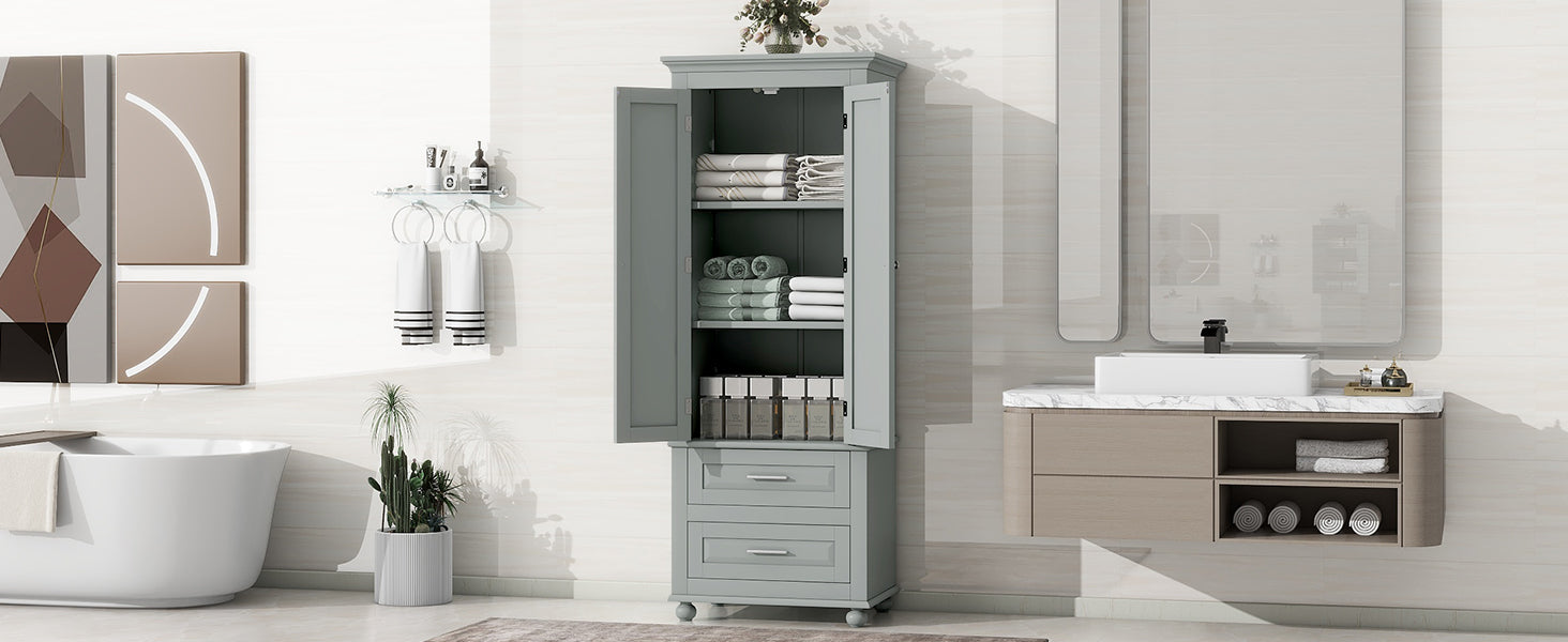 Tall Storage Cabinet With Two Drawers For Bathroom Office, Grey Grey Mdf