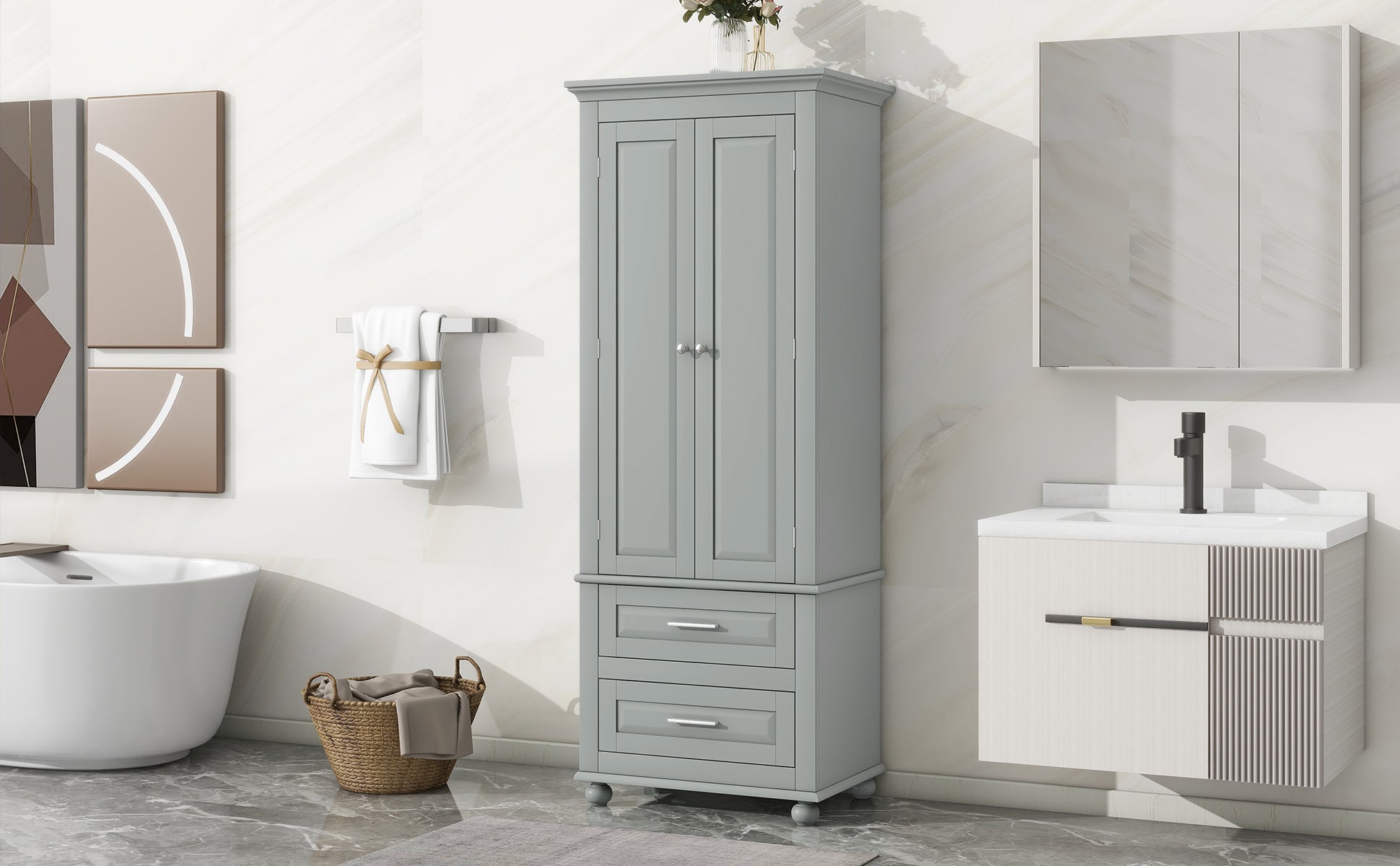 Tall Storage Cabinet With Two Drawers For Bathroom Office, Grey Grey Mdf