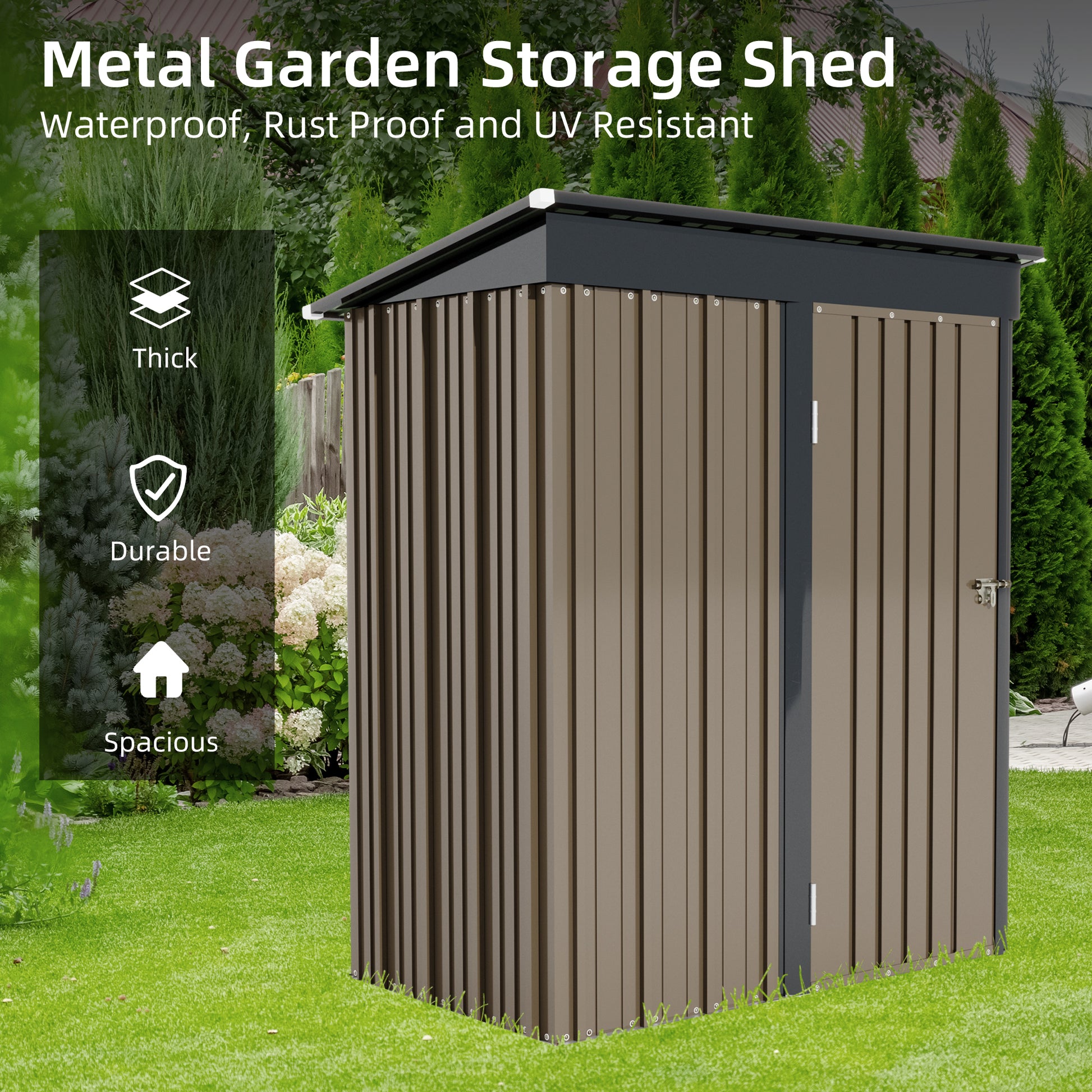 Patio, Lawn & Garden,5*3Ft Outdoor Storage Shed,Tool Shed With Sloping Roof And Lockable Door, Metal Shed For Backyard Garden Patio Lawn, Brown Brown Year Round Use Metal