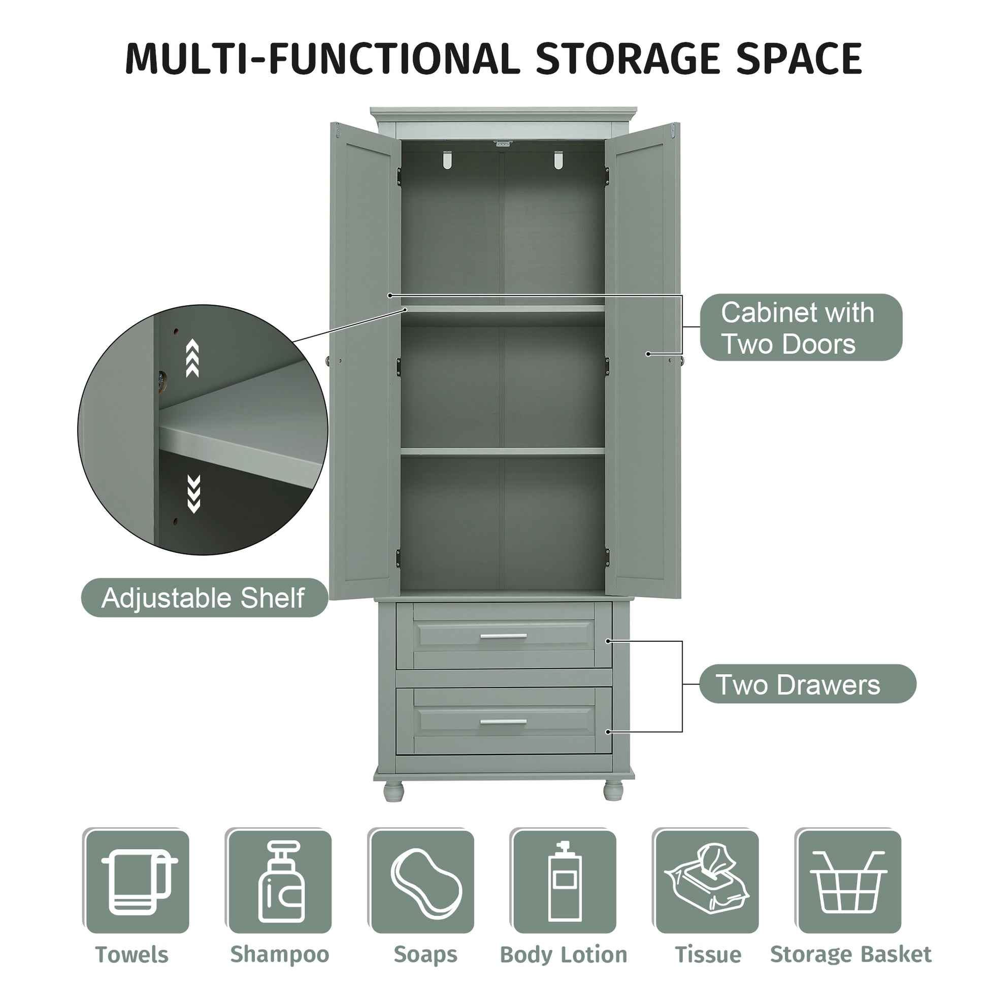 Tall Storage Cabinet With Two Drawers For Bathroom Office, Grey Grey Mdf