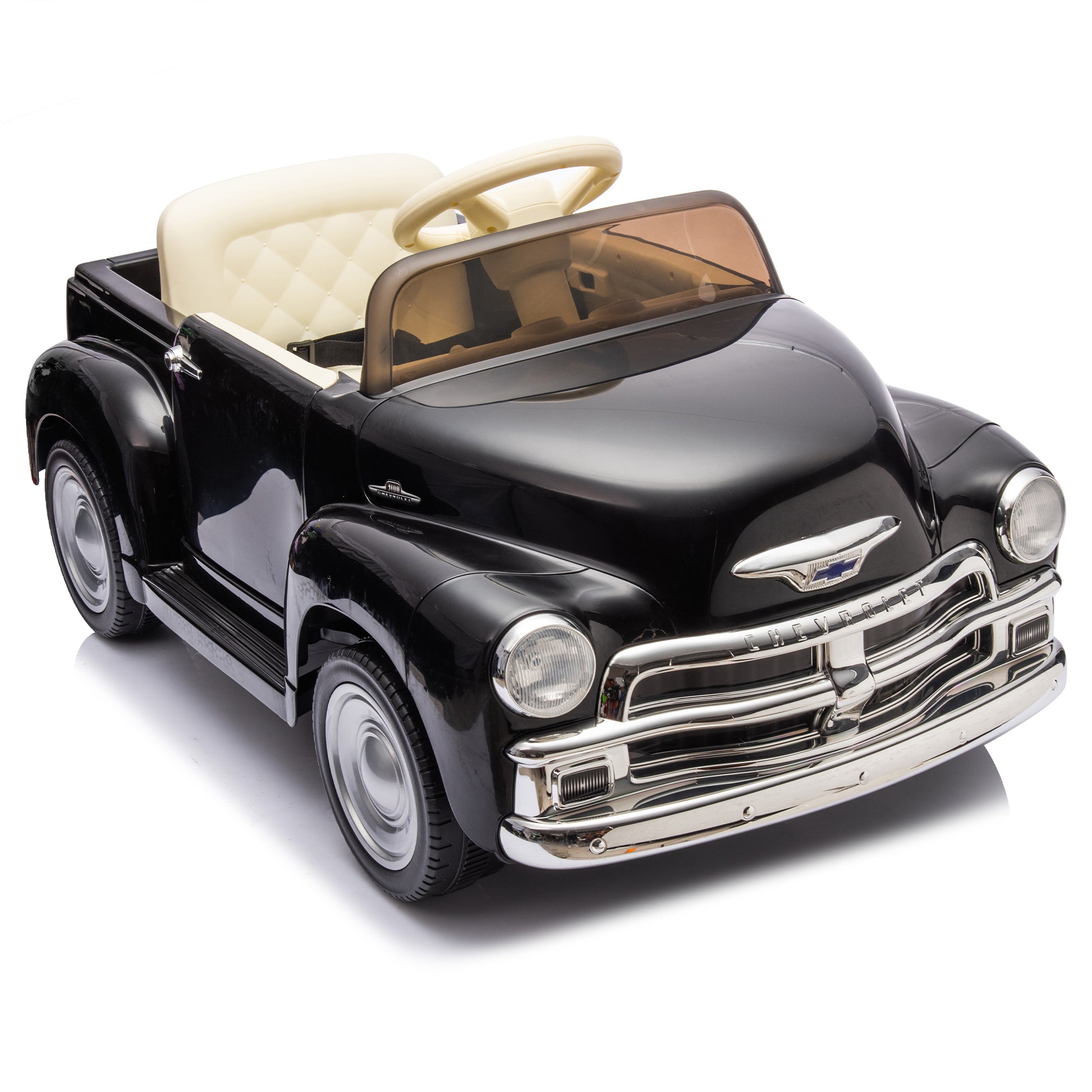 12V Kids Ride On Truck Car W Parents Control, Licensed Chevrolet 3100 Pickup,Electric Car For Kid,Vintage Modeling,3 Speeds,Led Lights,Bluetooth,Usb,High Power Up To 3.11 Mph,Age 3 Black Polypropylene