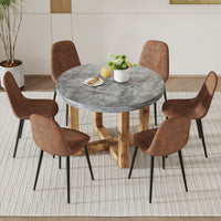 A Modern And Practical Circular Dining Table. Made Of Mdf Tabletop And Wooden Mdf Table Legs. A Set Of 6 Brown Cushioned Chairs.Ct 403B0501A Natural Wood Mdf