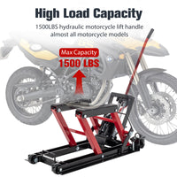 Hydraulic Motorcycle Lift Jack, 1500 Lbs Capacity Foot Operated Motorcycle Lift Table, Atv Scissor Lift Jack With 4.5" 15" Lifting Range, Portable Motorcycle Lift Table With Wheels Red Metal