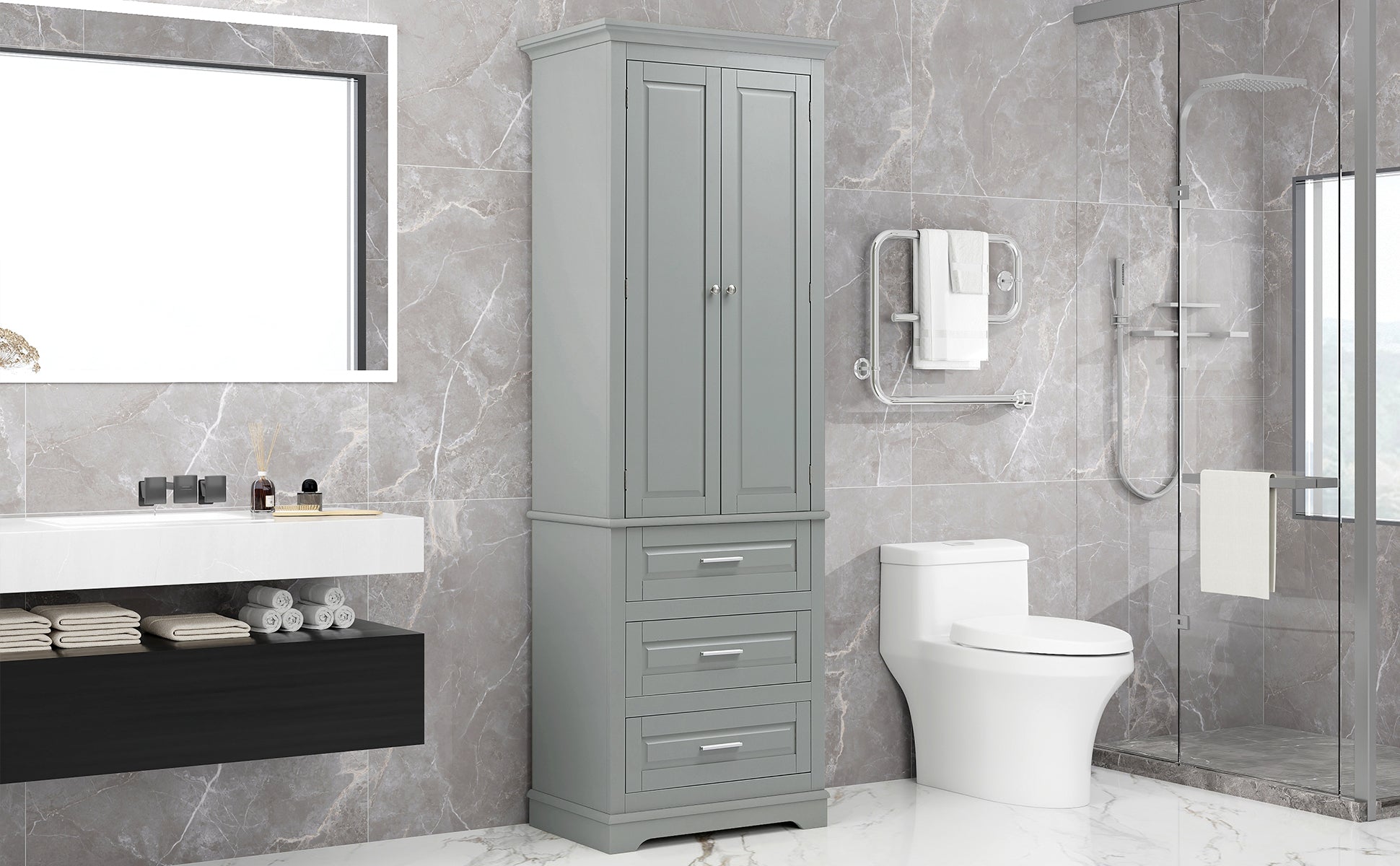 Tall Storage Cabinet With Three Drawers For Bathroom Office, Grey Grey Mdf