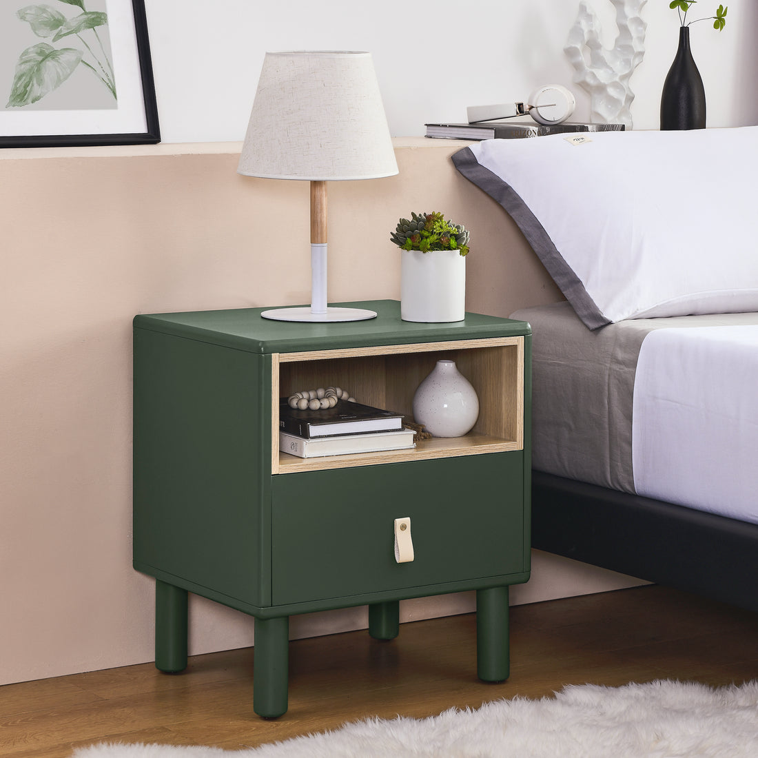 Single Drawer Bedside Table, Modern Style Bedside Table, Wooden Bedside Table, Bedside Table With Drawer, Side Table With Drawer, Compact Bedside Table, Nordic Style Bedside Table Green Solid Wood