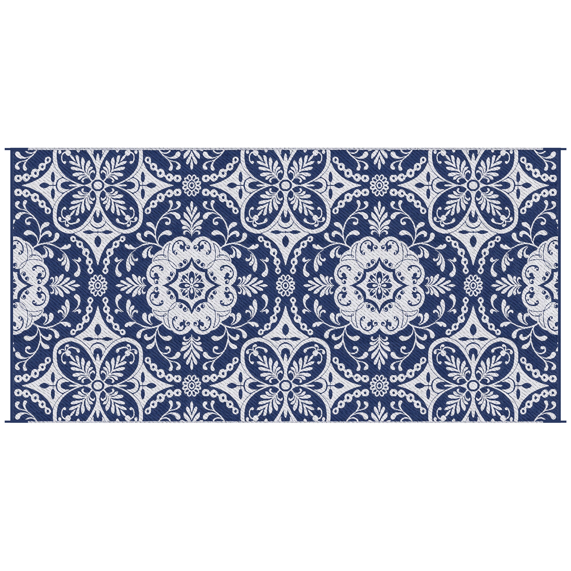 Outsunny Reversible Outdoor Rug Carpet, 9' X 18' Waterproof Plastic Straw Rug, Portable Rv Camping Rugs With Carry Bag, Large Floor Mat For Backyard, Deck, Picnic, Beach, Blue & White Floral Blue Polypropylene