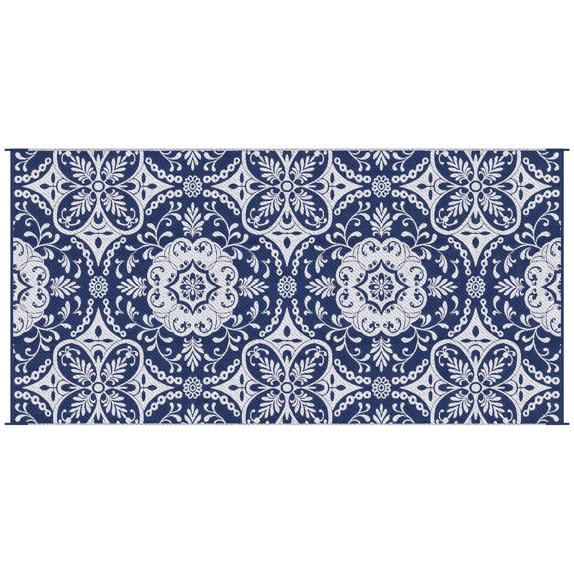Outsunny Reversible Outdoor Rug Carpet, 9' X 18' Waterproof Plastic Straw Rug, Portable Rv Camping Rugs With Carry Bag, Large Floor Mat For Backyard, Deck, Picnic, Beach, Blue & White Floral Blue Polypropylene
