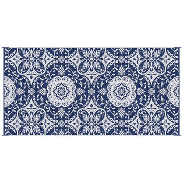 Outsunny Reversible Outdoor Rug Carpet, 9' X 18' Waterproof Plastic Straw Rug, Portable Rv Camping Rugs With Carry Bag, Large Floor Mat For Backyard, Deck, Picnic, Beach, Blue & White Floral Blue Polypropylene