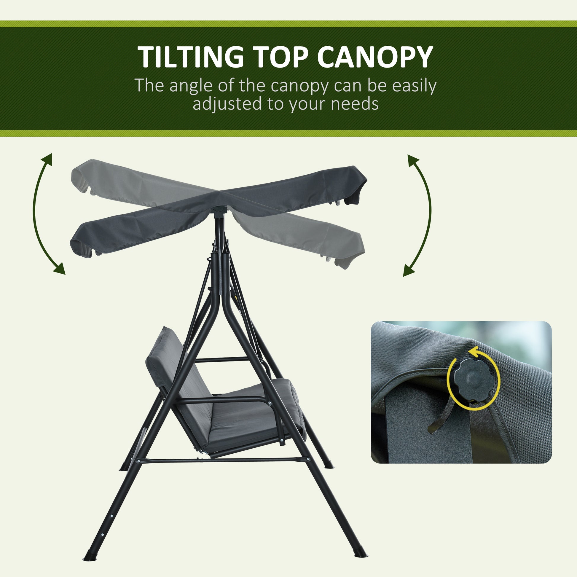 Outsunny 3 Person Porch Swing With Stand, Outdoor Swing For Patio Porch With Adjustable Tilt Canopy & Comfortable Swing Bench Style Seat, Steel Frame, Grey Gray Steel