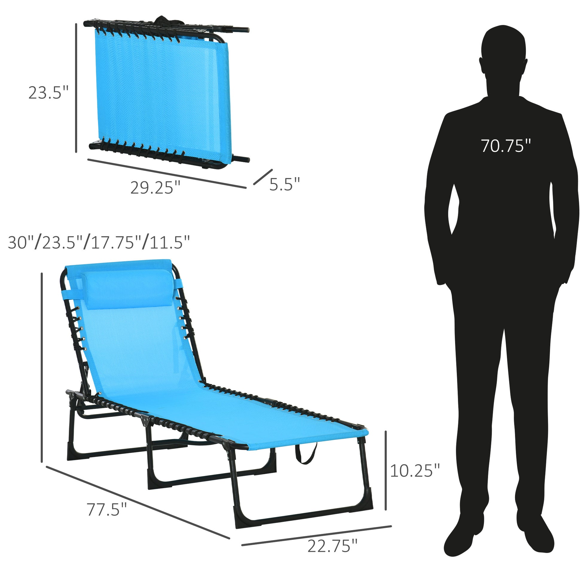 Outsunny Folding Chaise Lounge Pool Chair, Patio Sun Tanning Chair, Outdoor Lounge Chair W 4 Position Reclining Back, Pillow,Mesh & Bungee Seat For Beach, Yard, Patio, Blue Blue Steel