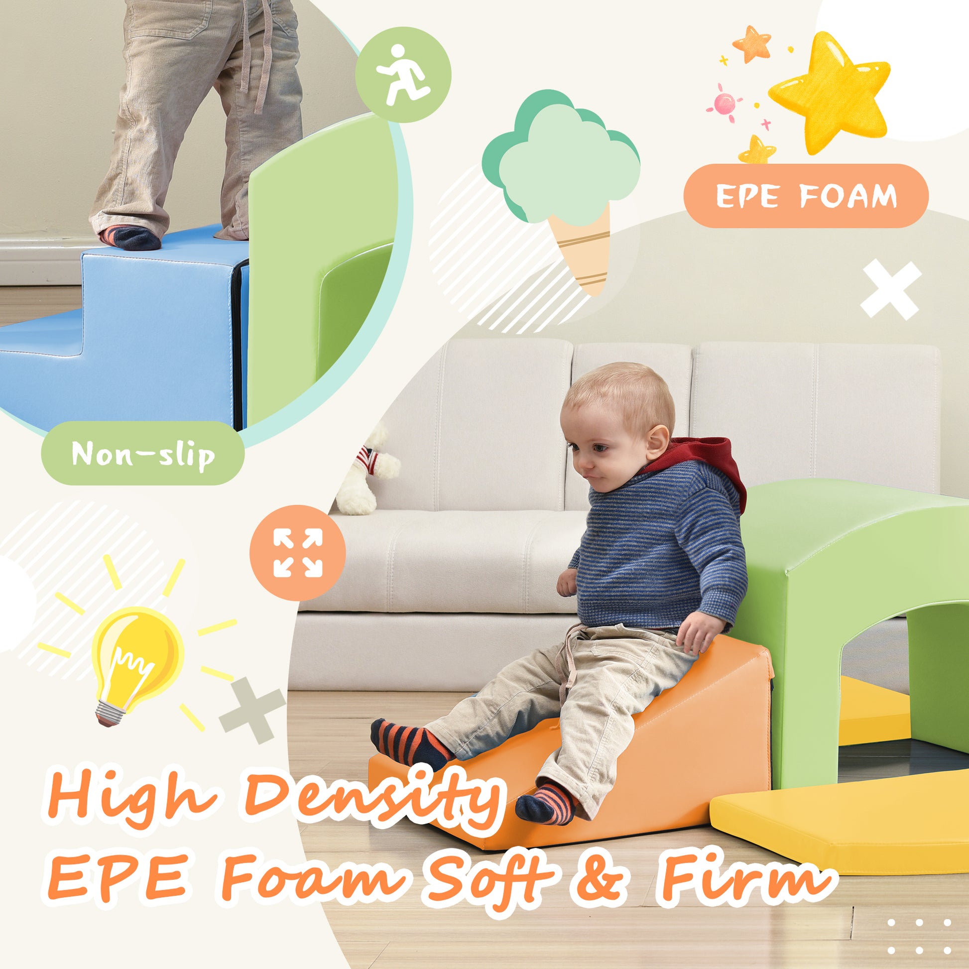 Soft Foam Playset For Toddlers, Safe Softzone Single Tunnel Foam Climber For Kids, Lightweight Indoor Active Play Structure With Slide Stairs And Ramp For Beginner Toddler Climb And Crawl Colorful Foam
