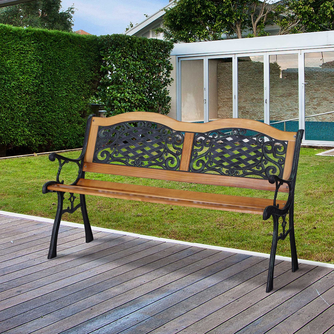 Outsunny 50" Outdoor Garden Bench, Patio Bench With Wood Seat, Porch Bench With Antique Like Flourishes For Backyard, Deck, Lawn, Outside Pool, Teak Natural Wood