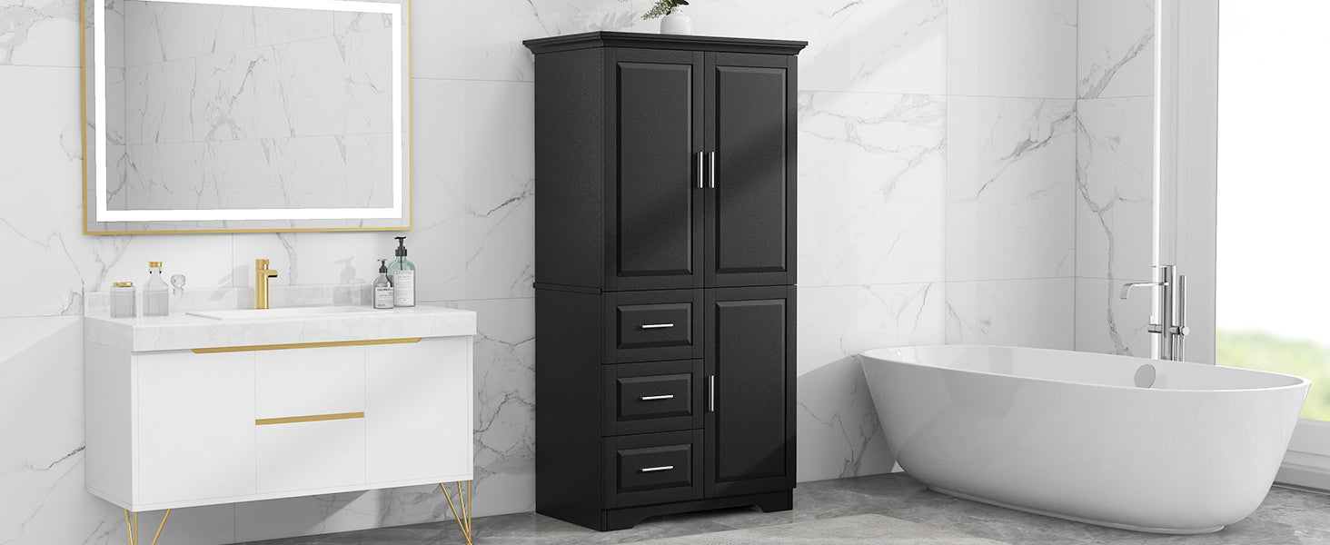 Tall And Wide Storage Cabinet With Doors For Bathroom Office, Three Drawers, Black Black Mdf