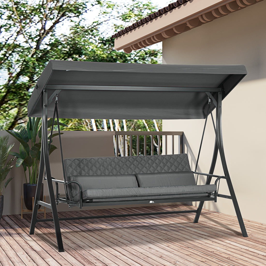Outsunny 3 Person Patio Swing Chair Bed, Converting Flatbed, Outdoor Porch Swing Glider With Adjustable Canopy, Removable Cushions, Pillows, For Garden, Poolside, Backyard, Gray Gray Steel