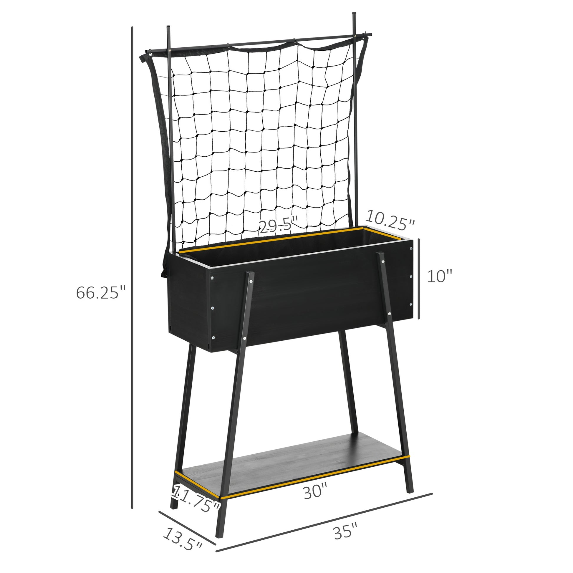 Outsunny Raised Garden Bed With Trellis & Storage Shelf, Elevated Planter Box With Metal Legs, Bed Liner And Drainage Holes, For Vegetable Vines, Climbing Plants, Flowers, Black Black Steel