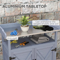 Outsunny Outdoor Potting Bench, Wooden Potting Table With Storage Cabinet, Aluminum Table Top, Rubber Wheels For Backyard, Patio, Balcony, Gray Gray Wood