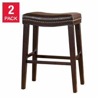 26" Contemporary Upholstered Saddle Counter Stool With Trim Set Of 2 , Dark Brown Dark Brown Pu