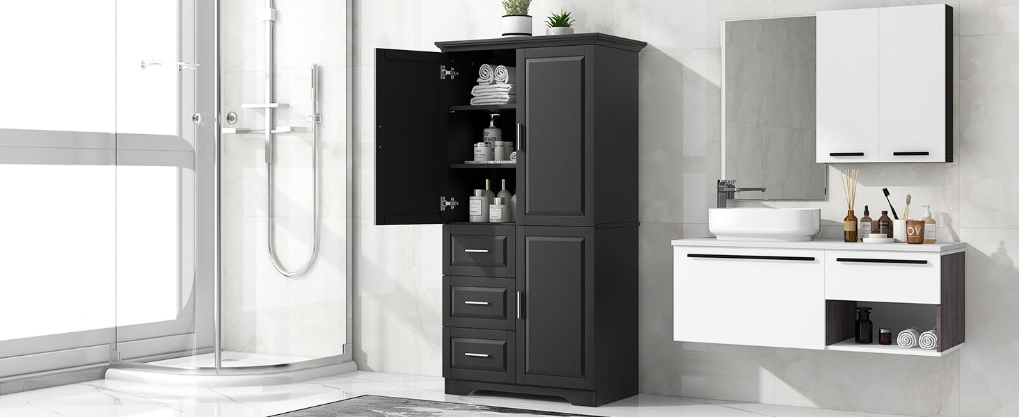 Tall And Wide Storage Cabinet With Doors For Bathroom Office, Three Drawers, Black Black Mdf