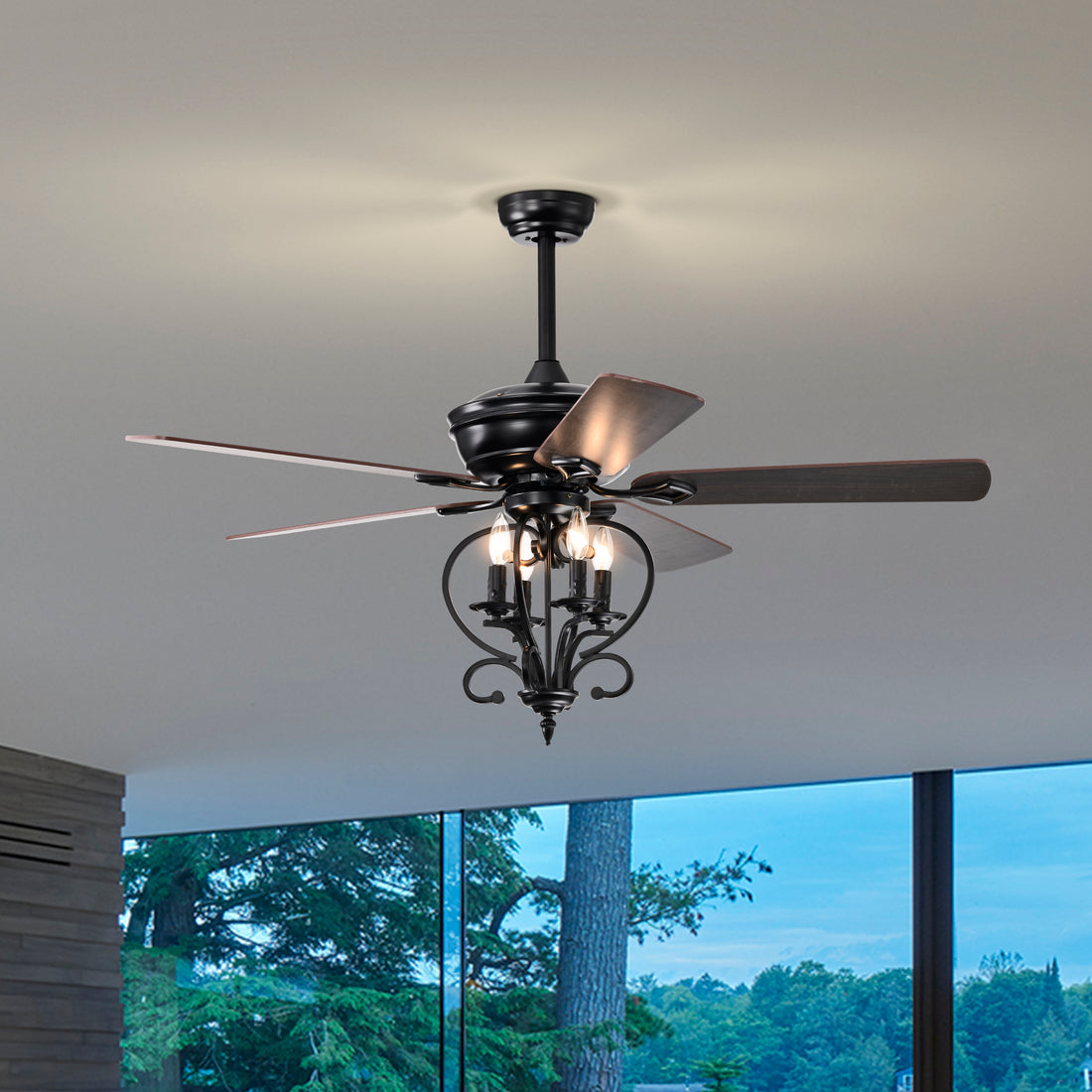 52 Inch 4 Lights Ceiling Fan With 5 Wood Blades, Two Color Fan Blade, Ac Motor, Remote Control, Reversible Airflow, 3 Speed, Adjustable Height, Traditional Ceiling Fan For Home Decorate Matte Black