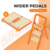 3 Step Ladder Folding Step Stool For Adults With Wide Anti Slip Pedal, Aluminium Lightweight Foldable Step Ladders For Home Kitchen Office, 580 Lbs Capacity Orange Aluminum