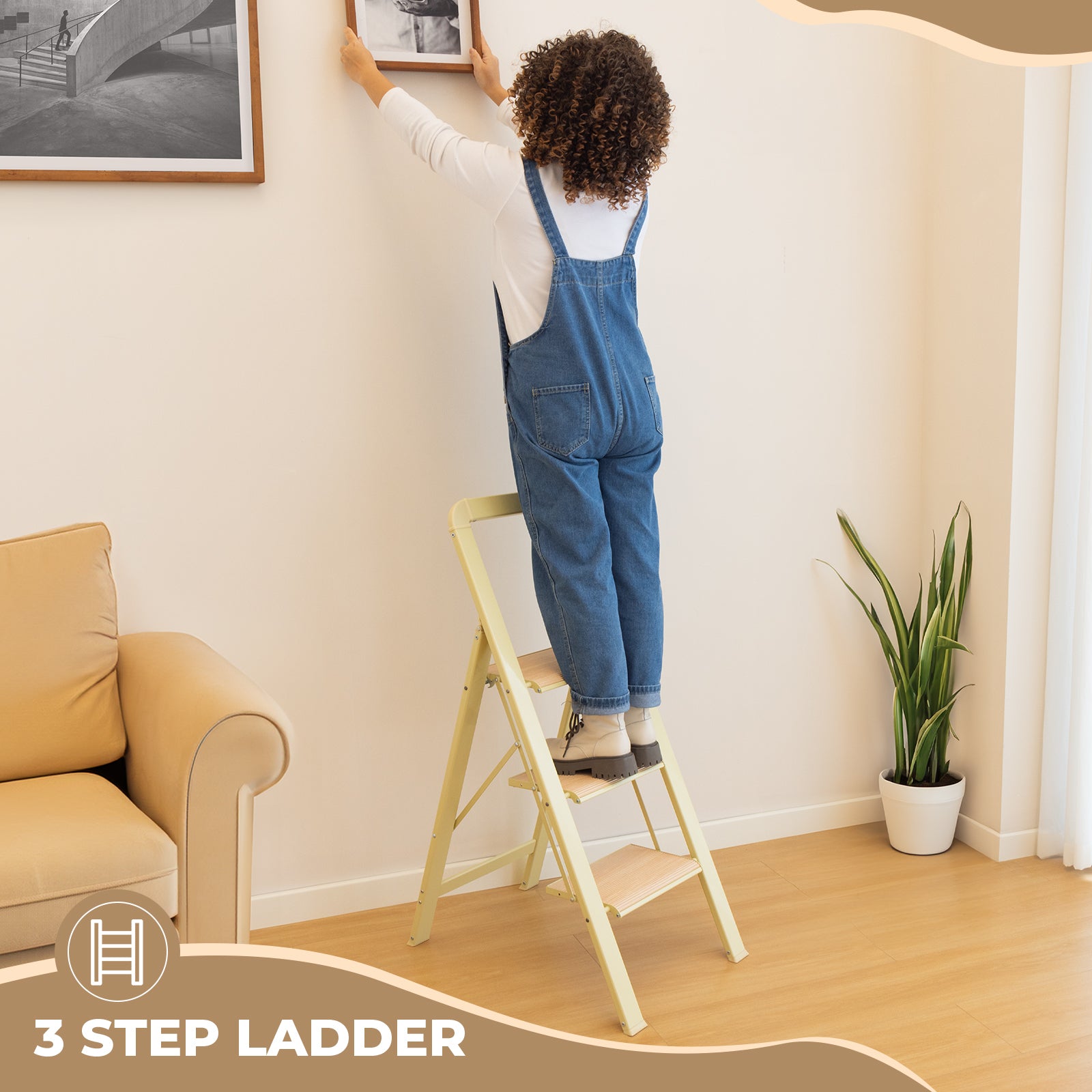 3 Step Ladder Folding Step Stool For Adults With Wide Anti Slip Pedal, Aluminium Lightweight Foldable Step Ladders For Home Kitchen Office, 580 Lbs Capacity Light Beige Aluminum