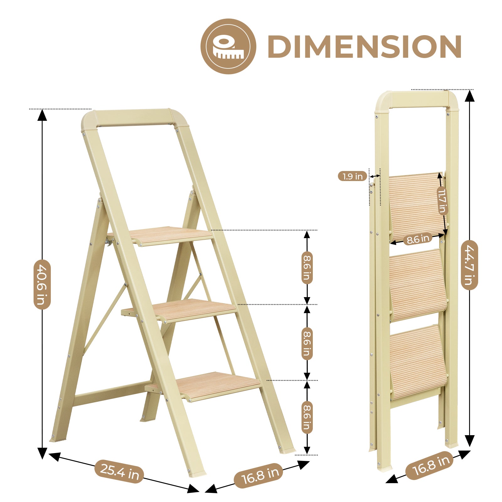 3 Step Ladder Folding Step Stool For Adults With Wide Anti Slip Pedal, Aluminium Lightweight Foldable Step Ladders For Home Kitchen Office, 580 Lbs Capacity Light Beige Aluminum