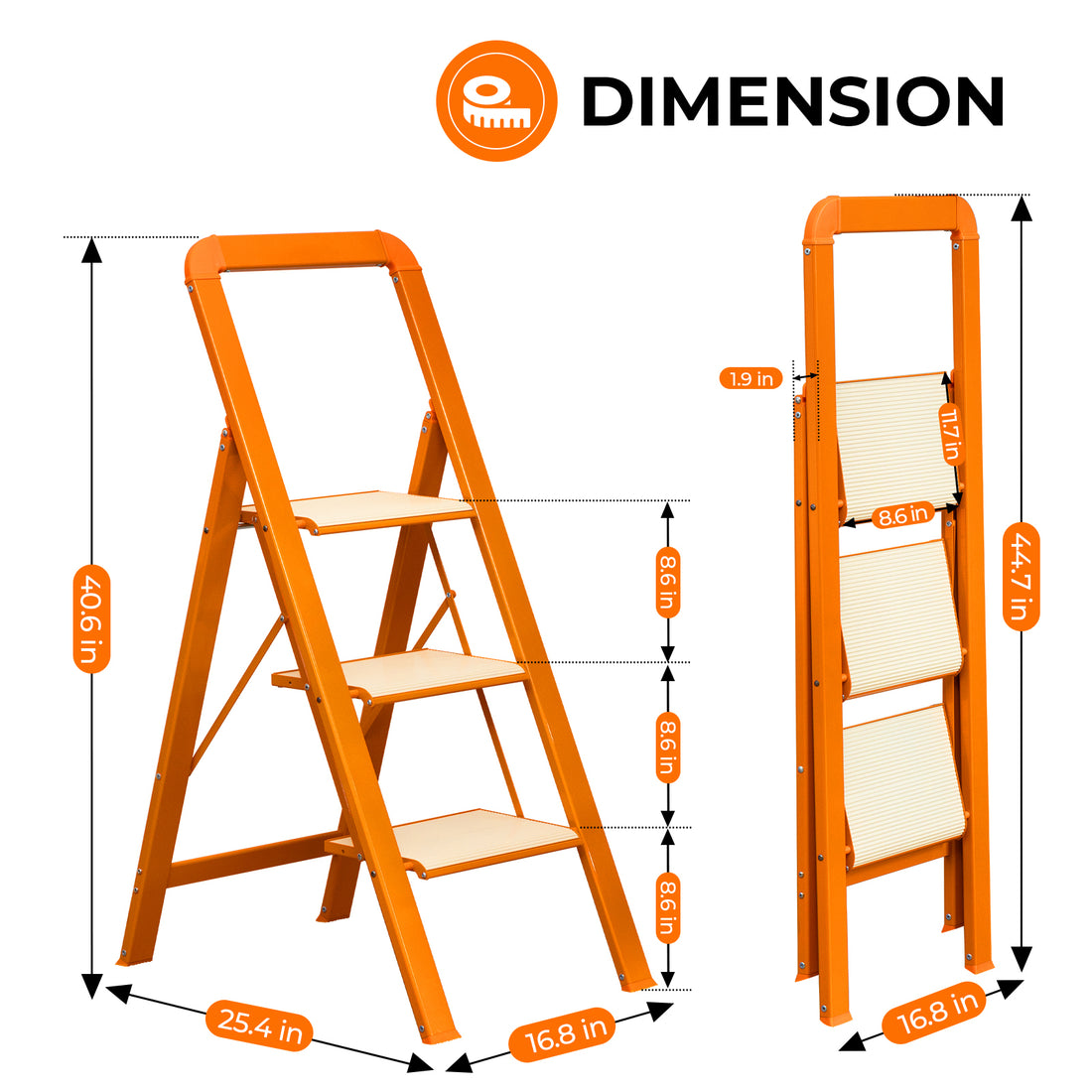 3 Step Ladder Folding Step Stool For Adults With Wide Anti Slip Pedal, Aluminium Lightweight Foldable Step Ladders For Home Kitchen Office, 580 Lbs Capacity Orange Aluminum