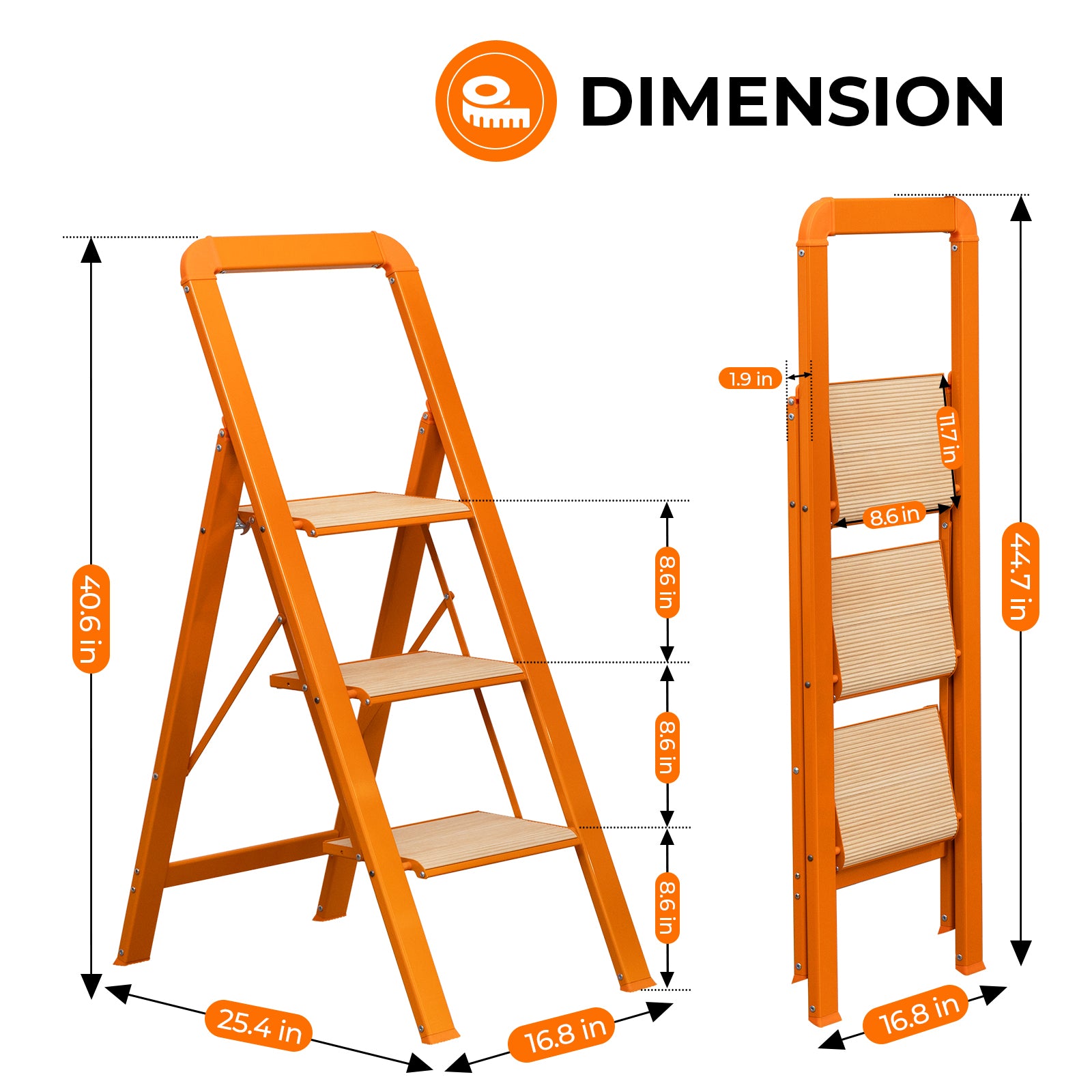 3 Step Ladder Folding Step Stool For Adults With Wide Anti Slip Pedal, Aluminium Lightweight Foldable Step Ladders For Home Kitchen Office, 580 Lbs Capacity Orange Multi Aluminum