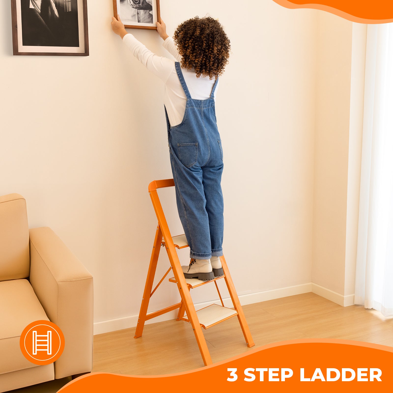 3 Step Ladder Folding Step Stool For Adults With Wide Anti Slip Pedal, Aluminium Lightweight Foldable Step Ladders For Home Kitchen Office, 580 Lbs Capacity Orange Aluminum