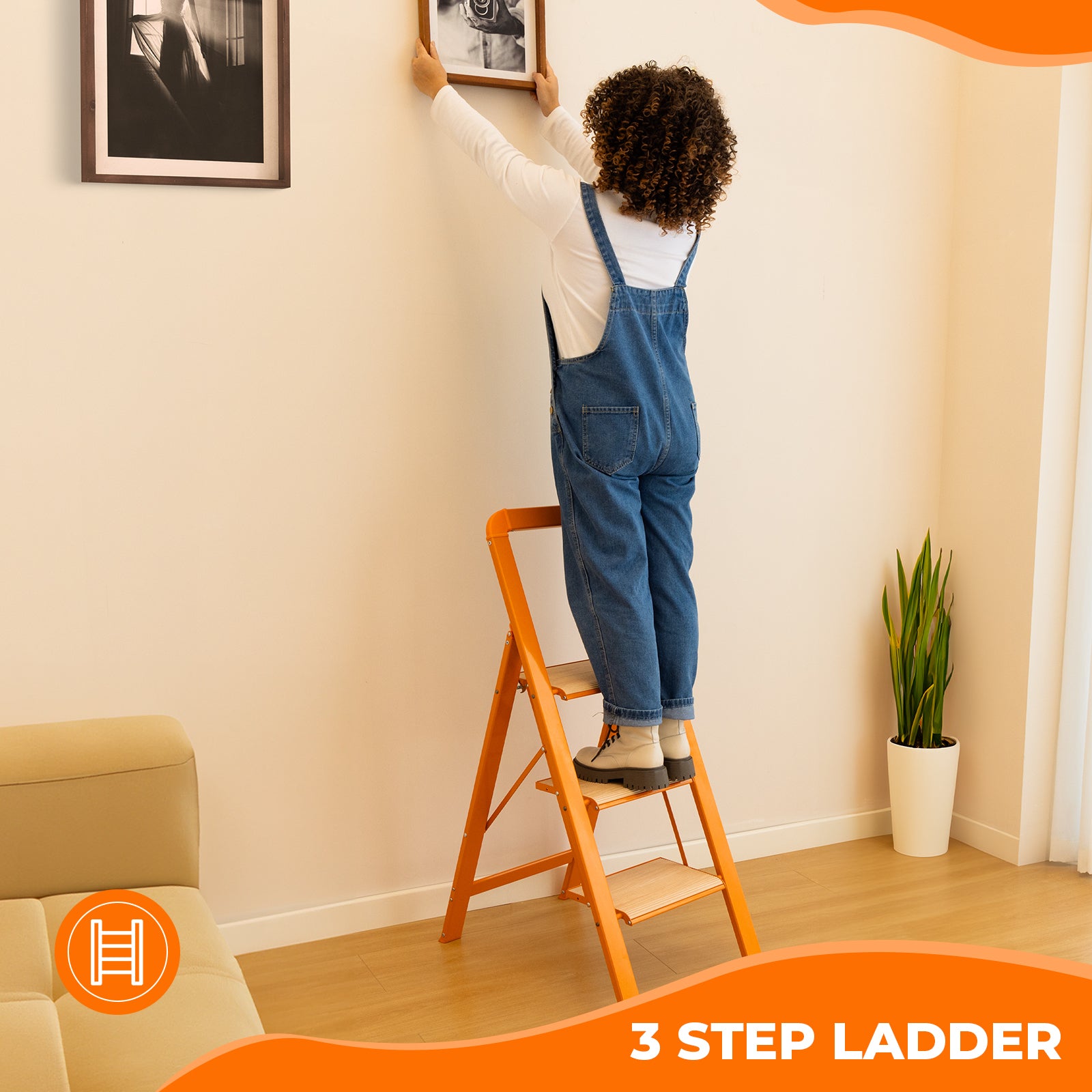 3 Step Ladder Folding Step Stool For Adults With Wide Anti Slip Pedal, Aluminium Lightweight Foldable Step Ladders For Home Kitchen Office, 580 Lbs Capacity Orange Multi Aluminum