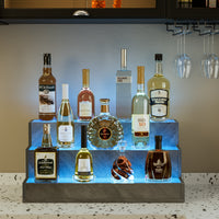 Led Lighted Liquor Bottle Display Shelf, 20 Inch Bar Display Shelf, Diy Illuminated Bottle Shelf With App & Remote Control, 2 Step Freestanding Holding Bottles For Home Bar, Party, Grey Grey Kitchen Modern Engineered Wood