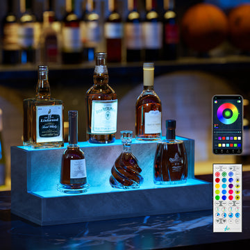 Led Lighted Liquor Bottle Display Shelf, 20 Inch Bar Display Shelf, Diy Illuminated Bottle Shelf With App & Remote Control, 2 Step Freestanding Holding Bottles For Home Bar, Party, Grey Cement Grey Kitchen Modern Engineered Wood