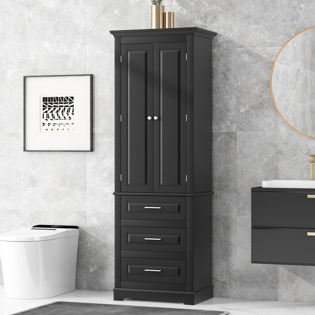 Tall Storage Cabinet with Three Drawers for Bathroom black-mdf