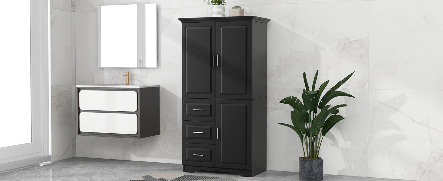 Tall And Wide Storage Cabinet With Doors For Bathroom Office, Three Drawers, Black Black Mdf